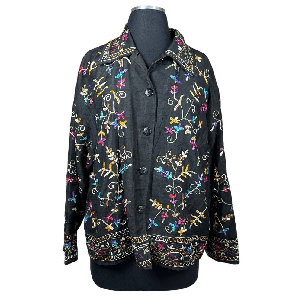 Life Style Floral Silk Blend Embroidered Long Sleeve Lightweight Jacket Top M